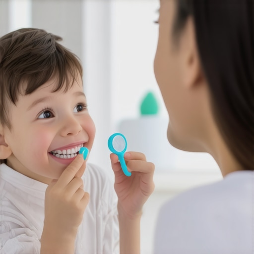 A parent and child using a flashlight to inspect teeth in a bathroom mirror