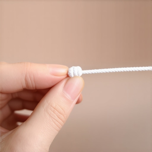 Knotted Dental Floss Technique A close-up of a hand holding knotted dental floss for removing stuck food.