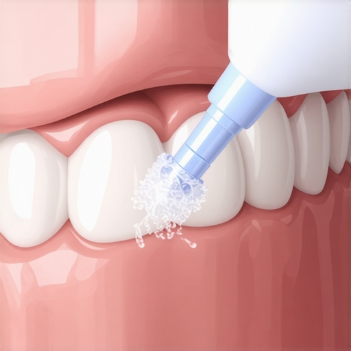 Maintaining Dental Crowns with a Water Flosser Close-up of water flosser cleaning a dental crown at the gumline.