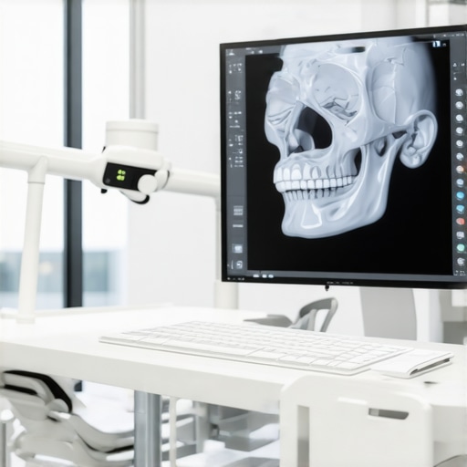 Modern 3D Dental Diagnostic Technology Close up of a 3D CBCT dental scan on a computer monitor showing a patient's jaw and teeth structure for precision alignment.