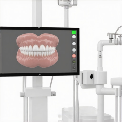 A 3D digital model of teeth showing the precise contact point of a dental crown on a dentist's screen.
