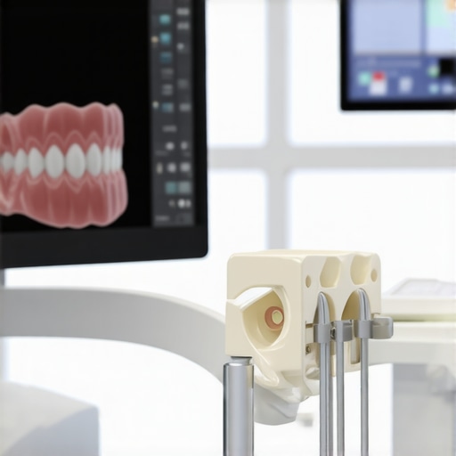 A high-tech 3D intraoral scanner displaying a digital model of teeth in a dental clinic.