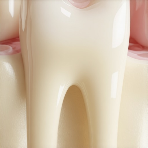 Modern Ceramic Dental Crown Macro Close-up of a high-quality ceramic crown on a dental model showing precision fit at the gum line.