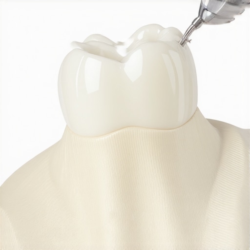 Modern Dental Crown Precision Fitting Close-up of a dental professional showing a high-quality ceramic crown restoration.