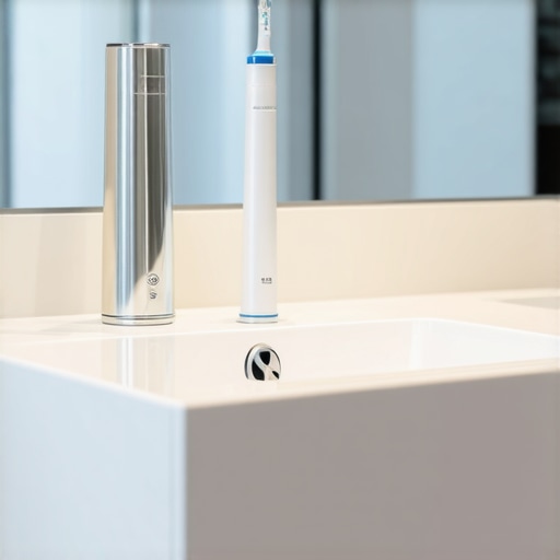 Modern Dental Maintenance Kit An ultrasonic cleaner and water flosser on a bathroom counter representing modern dental care tools.