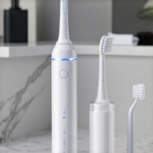 Modern Dental Maintenance Toolkit Electric toothbrush, water flosser, and invisalign case on a bathroom counter representing oral health maintenance.