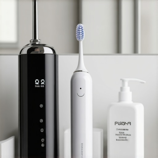 Modern Dental Maintenance Toolkit A collection of advanced dental tools including a water flosser and electric toothbrush for crown care.
