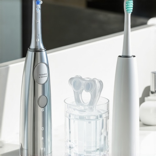 Modern Dental Maintenance Tools Close up of a water flosser and clear aligners on a marble bathroom counter.