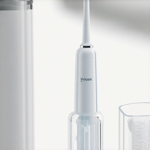 A water flosser and Invisalign aligners on a clean bathroom counter representing dental maintenance.