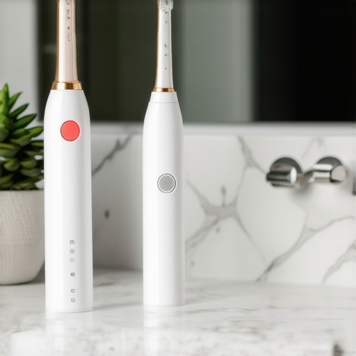 Electric toothbrush with pressure sensor and water flosser on a bathroom counter