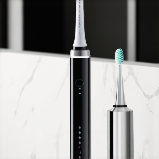 Modern Dental Maintenance Tools Electric toothbrush with pressure sensor and water flosser on a bathroom counter
