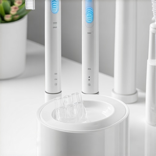 Ultrasonic cleaner and modern dental tools for maintaining crowns and aligners.