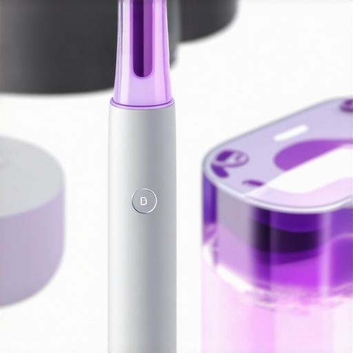 High-end electric toothbrush and ultrasonic aligner cleaner on a bathroom vanity.