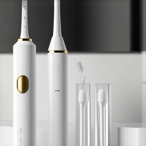 Modern Dental Maintenance Tools Electric toothbrush and water flosser on a bathroom counter for crown and aligner care