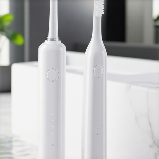 Modern Dental Maintenance Tools A water flosser and electric toothbrush on a bathroom counter representing advanced home oral care.