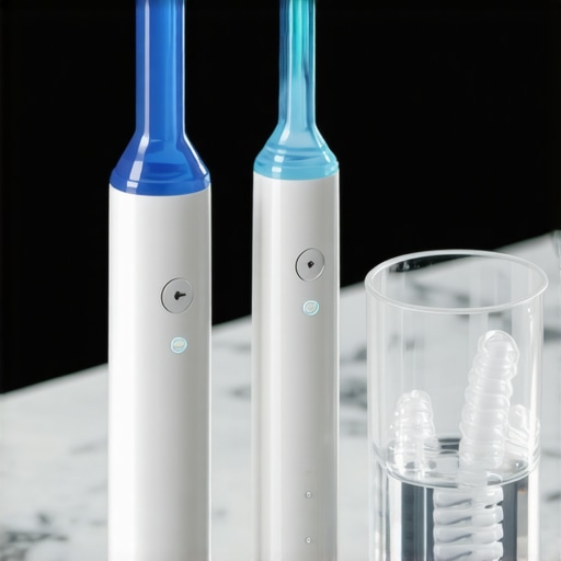 Modern Dental Maintenance Tools Electric toothbrush with pressure sensor and clear aligners in a cleaning soak.