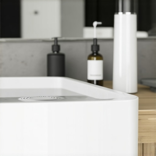 Modern Dental Maintenance Tools Ultrasonic cleaning bath and water flosser on a vanity