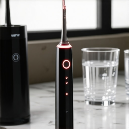 Modern Dental Maintenance Tools High-tech electric toothbrush and water flosser on a bathroom vanity.