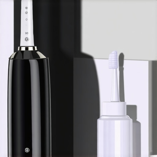 Modern Dental Maintenance Tools for Families Water flosser, sonic toothbrush, and Invisalign cleaning setup on a bathroom counter.