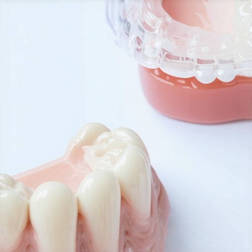 Modern Dental Restoration and Alignment Tools Comparison of a clear Invisalign tray and a dental crown used in restorative dentistry.