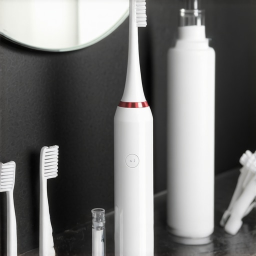 A water flosser and electric toothbrush on a bathroom counter representing home oral health maintenance.