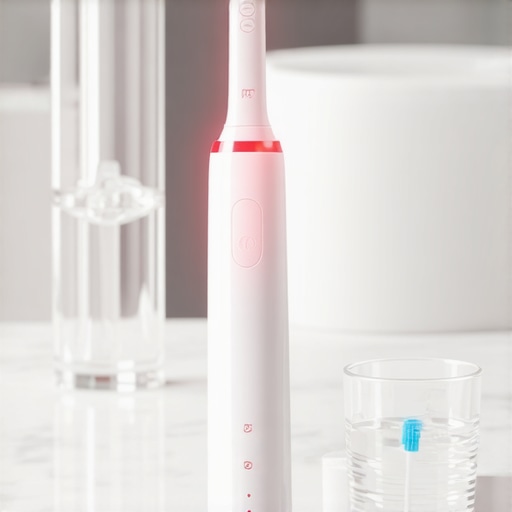 High-tech electric toothbrush with red pressure warning light for gum protection.