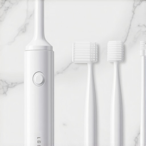 Close up of a water flosser and interdental brushes on a bathroom counter.