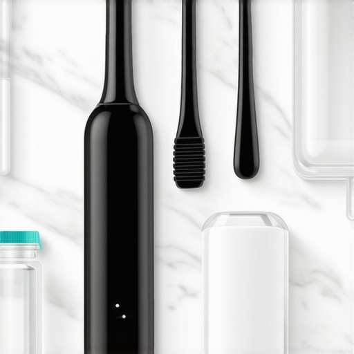 Collection of modern dental tools including water flosser and sonic toothbrush for implant and crown care