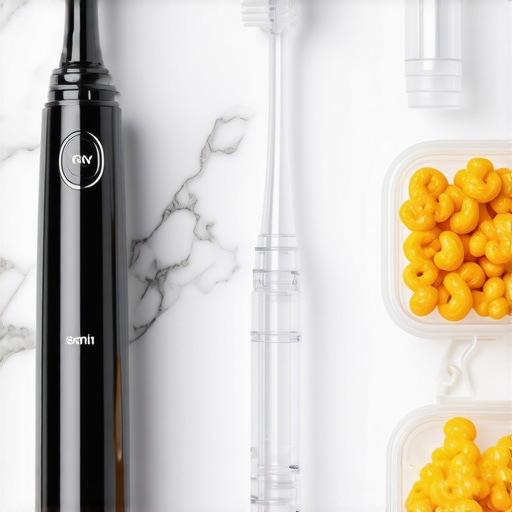A collection of advanced dental tools including Invisalign aligners and a water flosser for long term maintenance.