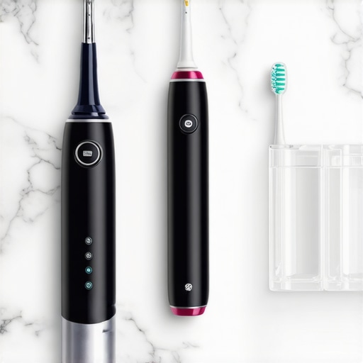 A flat lay of professional-grade dental tools including a sonic toothbrush and water flosser for maintaining orthodontic results.