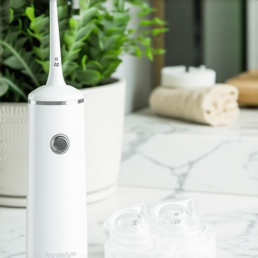 Modern Oral Health Tools on Countertop Close up of water flosser and dental retainer on a marble bathroom counter.