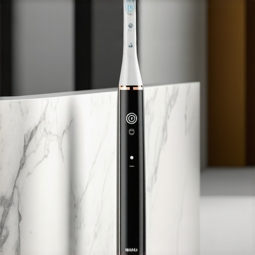 Modern Oral Health Tools High-tech sonic toothbrush and water flosser on a marble counter