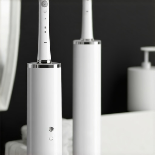 Modern Oral Hygiene Tools for Long Term Gum Care A modern electric toothbrush and water flosser sitting on a bathroom vanity.