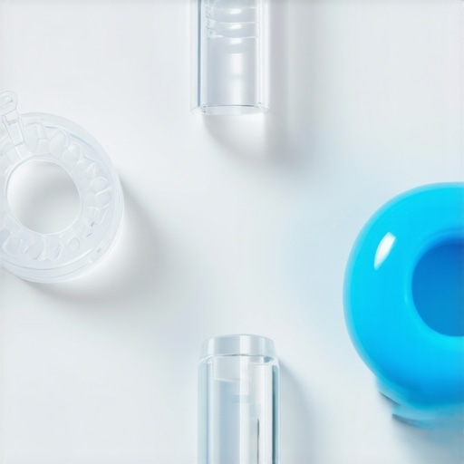 A clear aligner tray next to a blue silicone munchie tool on a marble countertop.