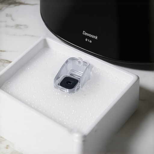Modern Ultrasonic Cleaner for Aligner Maintenance A sleek ultrasonic cleaner for Invisalign trays on a marble bathroom counter with bubbling water.