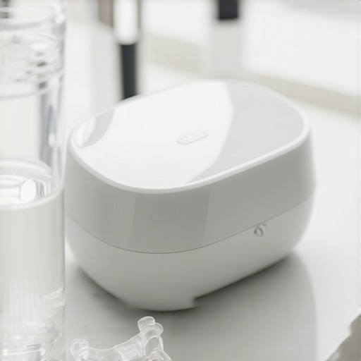 An ultrasonic cleaner used for maintaining dentures and Invisalign trays on a bathroom counter.