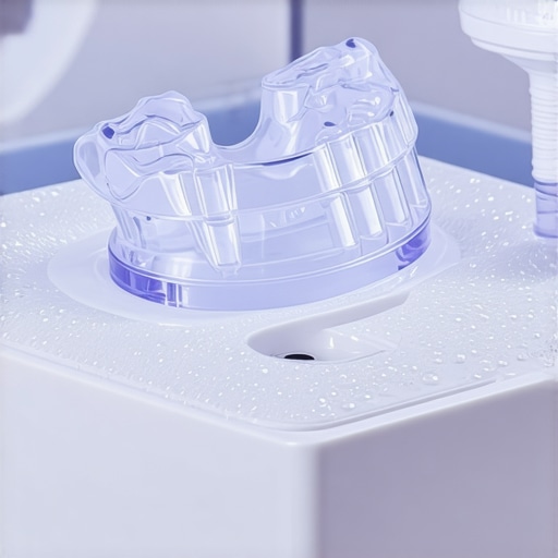 Modern Ultrasonic Dental Tool for Retainers An ultrasonic cleaner for dental retainers and aligners on a bathroom counter