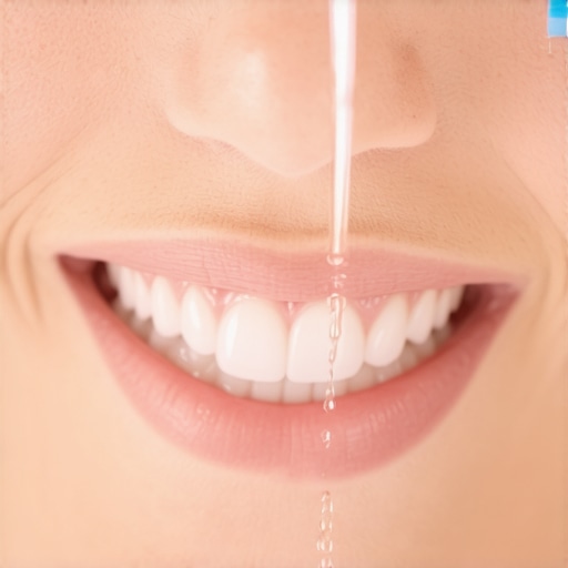 Modern Water Flosser for Dental Maintenance Close up of a water flosser cleaning teeth with braces and crowns for better oral health.