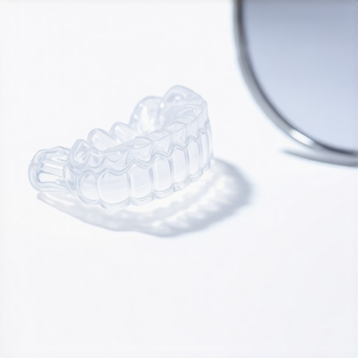 Close-up of a clear dental aligner and mirror on a white background