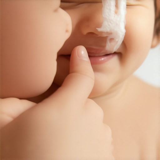 A parent using a clean gauze to provide counter-pressure to a teething baby's gums for natural pain relief.
