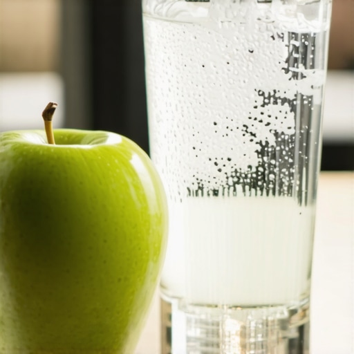 A glass of water and an apple used to clean teeth naturally during the day.