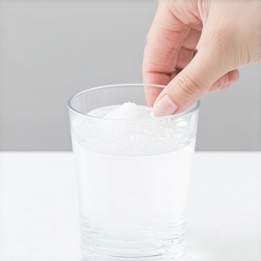Stirring salt into warm water for a natural oral rinse.