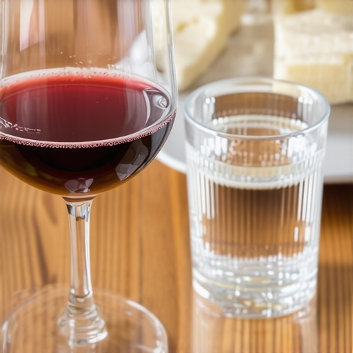 A glass of red wine, a glass of water, and cheese on a table used as a natural way to prevent tooth stains.