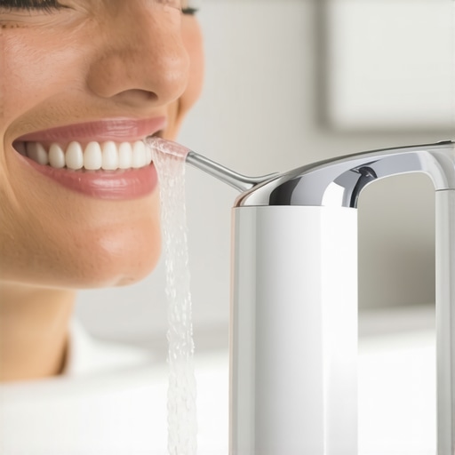 Close-up of a person using a water flosser over a sink for gum health maintenance and crown longevity