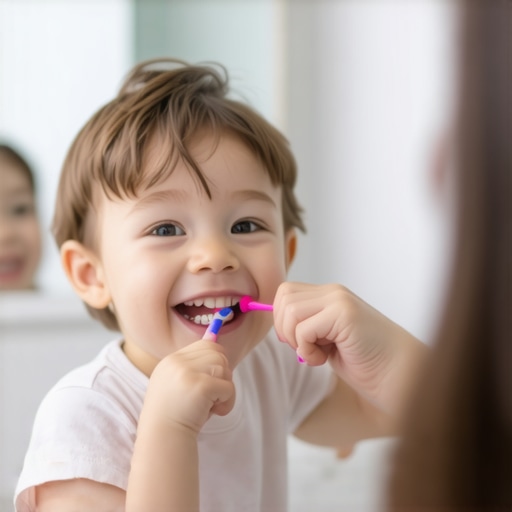 Parent and Child Brushing Teeth Together A mother and toddler practicing oral hygiene in a bright bathroom