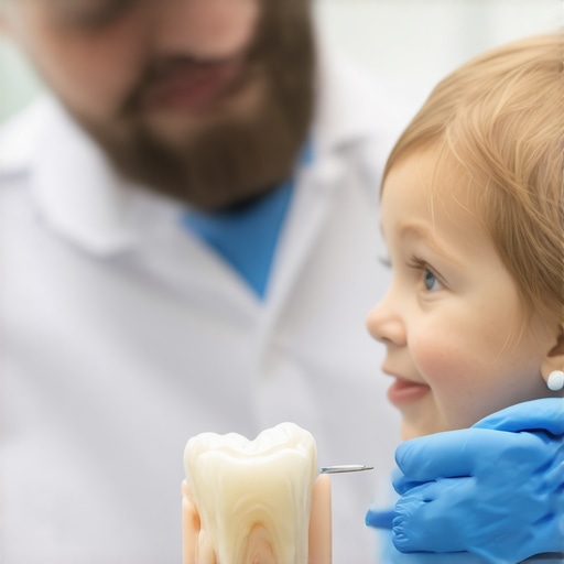 A dentist explaining shark teeth to a child using a dental model