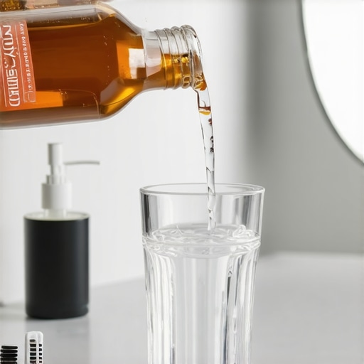 Pouring gentle alcohol-free mouthwash A clear mouthwash being poured into a cup in a bright bathroom