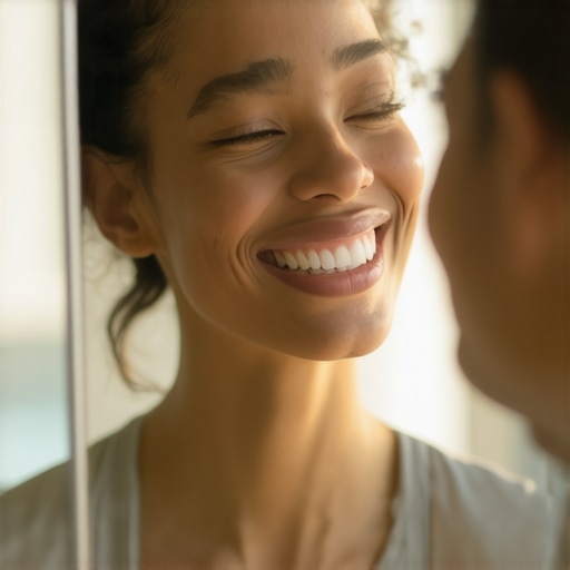 A person practicing the reset swallow and speech stabilization for dentures in a mirror.