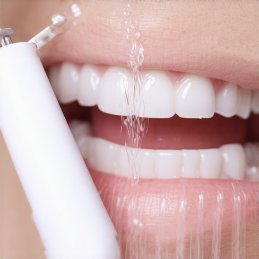 A person using a water flosser to clean under a dental bridge for better oral health.
