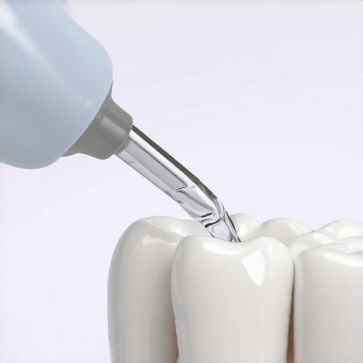 Precision Cleaning of Dental Crown Margins Close-up of a high-tech water flosser cleaning the gap between a dental crown and the gum line.